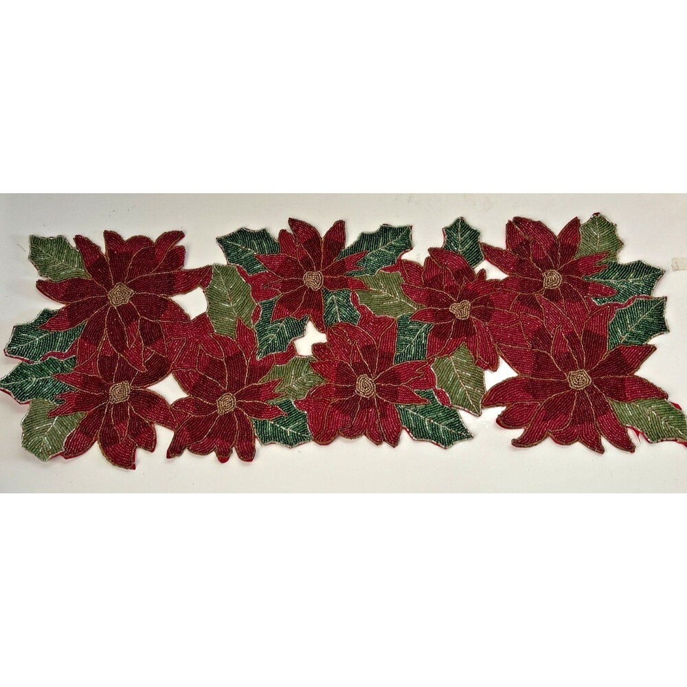 Christmas Holiday Red Poinsettia Beaded Table Runner 13 x 36 Houseful Polyester